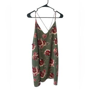 Lulus Green & Red Floral Print Flowy V‎ Neck Tank Dress Size xl Women's tie back
